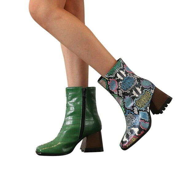jsaierl Women's GoGo Boots High Heel Ankle Boots Round Toe Block Chunky Heels Booties Leather PU Ladies Sexy Fashion Side Zipper Short Boots