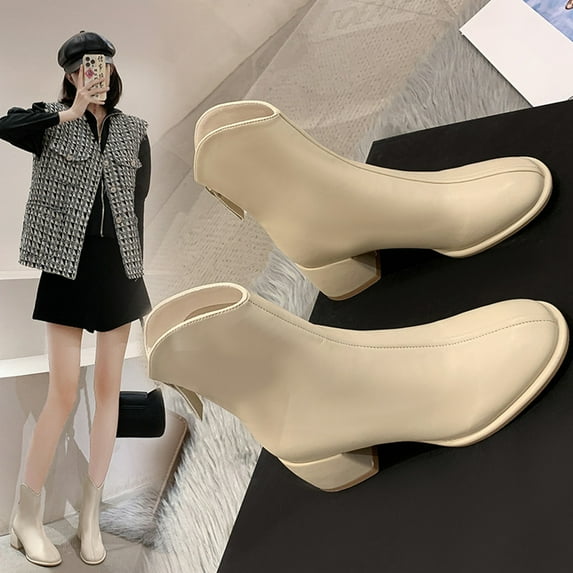 jsaierl Women's GoGo Boots High Heel Ankle Boots Round Toe Block Chunky Heels Booties Leather PU Ladies Sexy Fashion Side Zipper Short Boots