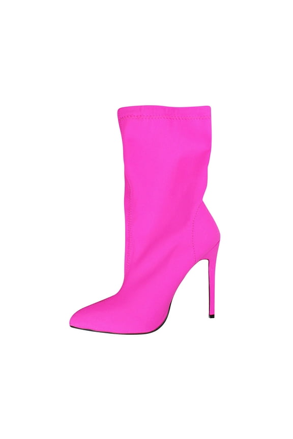 Women's High Heeled Stiletto Boots Shoes Fashion Color Stretch Fabric Pumps Mid Calf Boots