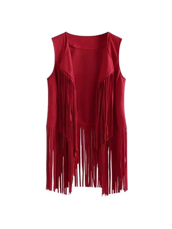 Women’s Hippie Tassels Vest Sleeveless Open Front Ethnic Vest Fringe Cowgirl Cardigan Vest Fashion 70s Hippie Vest