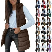 JSAIERL Women's Hooded Long Down Vest Full-Zip Sleeveless Puffer Vest Fashionable Coats Jacket