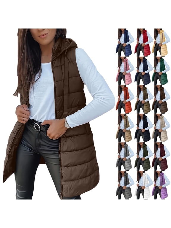 Women's Hooded Long Down Vest Full-Zip Sleeveless Puffer Vest Fashionable Coats Jacket