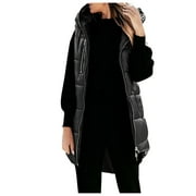 jsaierl Women's Hooded Long Down Vest Full-Zip Sleeveless Puffer Vest Fashionable Coats Jacket