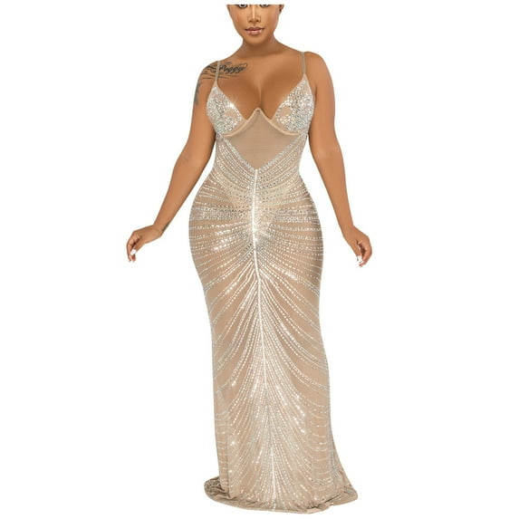 jsaierl Women's Hot Diamond Casual Sling Wrap Breast Mesh See-Through Long Dress Homecoming Dresses 2024