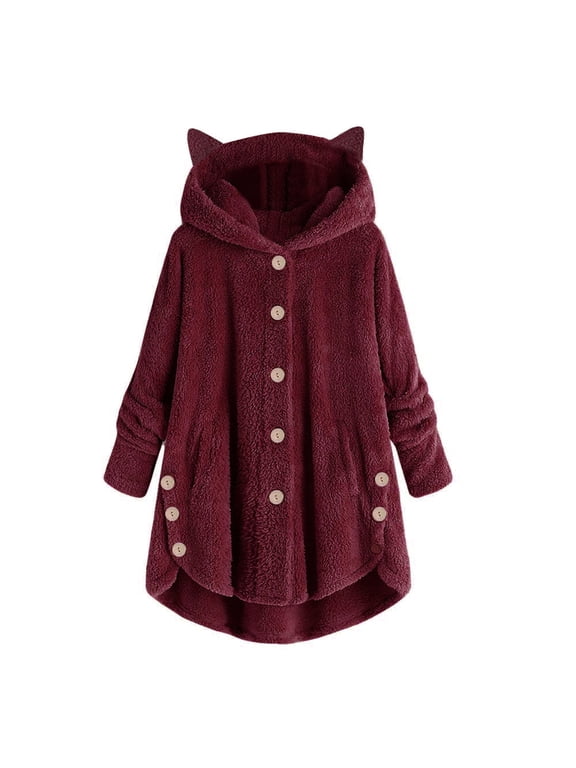 Women's Keep Warm Button Down Cardigan Hoodies Cat Ears Irregular Plush Solid Hooded Coat Tops