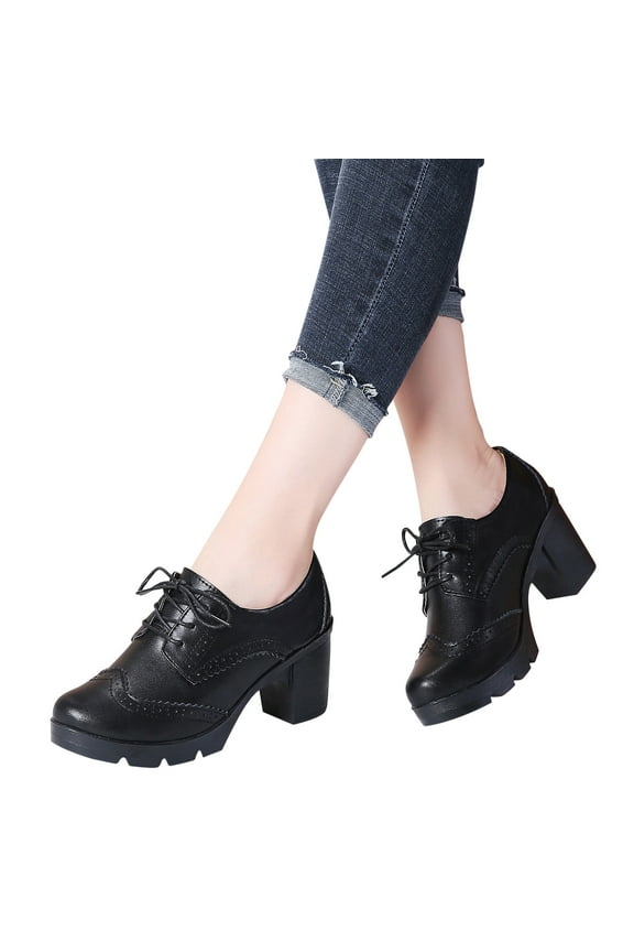 Women's Leather Classic Lace Up Platform Chunky Mid-Heel Square Toe Oxfords Dress Pump Shoes