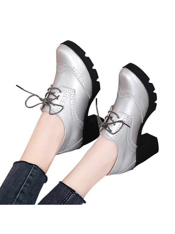 Women's Leather Classic Lace Up Platform Chunky Mid-Heel Square Toe Oxfords Dress Pump Shoes
