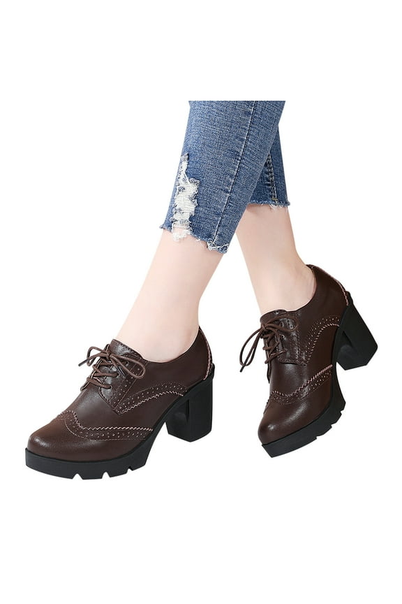 Women's Leather Classic Lace Up Platform Chunky Mid-Heel Square Toe Oxfords Dress Pump Shoes