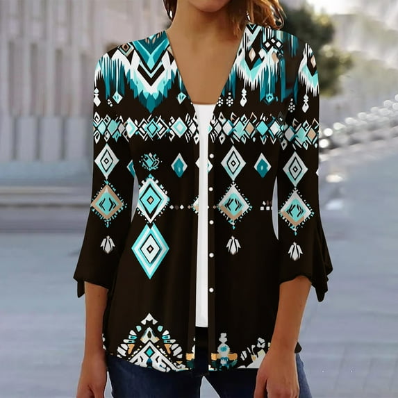 Jsaierl Women's Lightweight Open Front Cardigans 3/4 Sleeve Striped Print Casual Tops Button Down V Neck Fall Cardigan