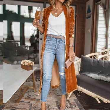 jsaierl Women's Long Velvet Cardigan Jacket Lapel Collar Open Front Vintage Maxi Duster Cardigan Sweater with Pocket