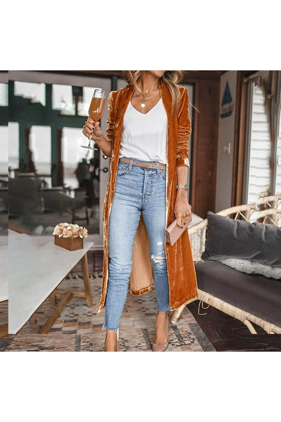 Women's Long Velvet Cardigan Jacket Lapel Collar Open Front Vintage Maxi Duster Cardigan Sweater with Pocket