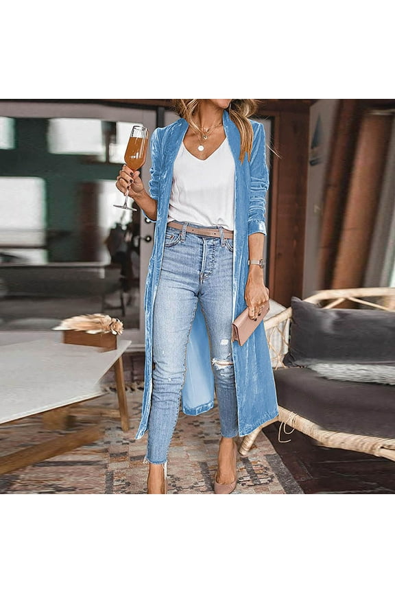 Women's Long Velvet Cardigan Jacket Lapel Collar Open Front Vintage Maxi Duster Cardigan Sweater with Pocket