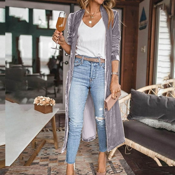 jsaierl Women's Long Velvet Cardigan Jacket Lapel Collar Open Front Vintage Maxi Duster Cardigan Sweater with Pocket