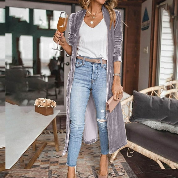 jsaierl Women's Long Velvet Cardigan Jacket Lapel Collar Open Front Vintage Maxi Duster Cardigan Sweater with Pocket