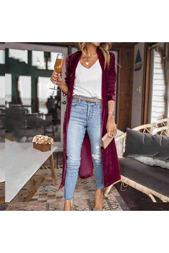 Women's Long Velvet Cardigan Jacket Lapel Collar Open Front Vintage Maxi Duster Cardigan Sweater with Pocket