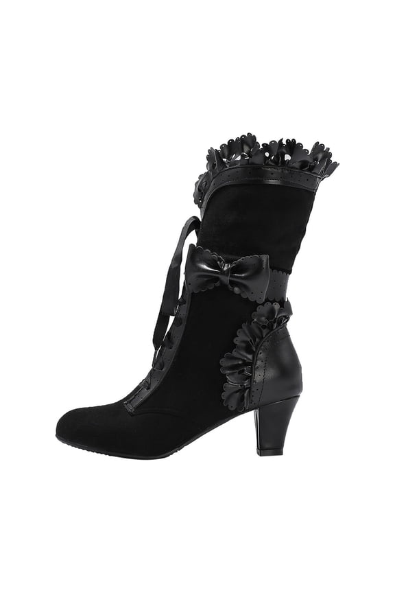 Women's Mid Calf Boots Stiletto Lace Up High Heels Cowgirls Boots Western Bandage Riding Boots