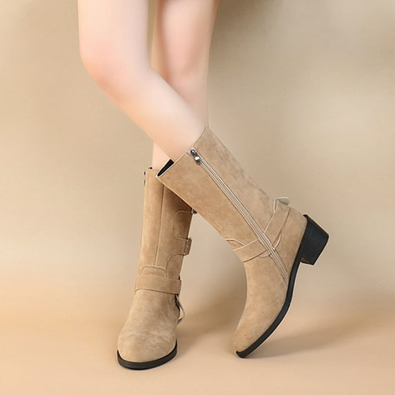 jsaierl Women's Mid-Calf Riding Boots Pull On Metal Buckle Calf Booties 2023 Wide Width Round-Toe Blocked Heel Winter Tall Boots