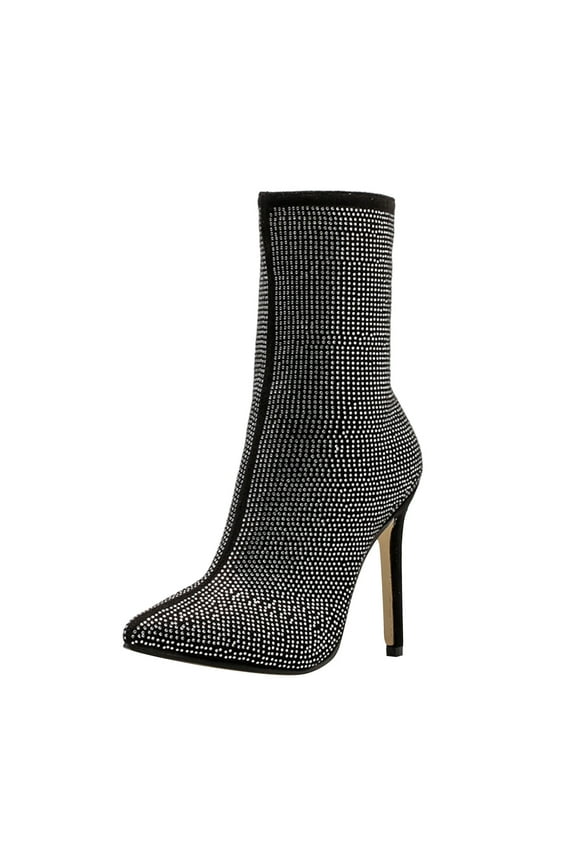 Women's Nightclub Boot Shoes Shinny Rhinestone Mid Calf Boots Pointy Toe Stiletto Ankle Boots