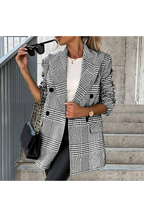 Women's Notched Neck Lapel Double Breasted Plaid Work Formal Blazer Jacket Cardigan Outwear with Pocket