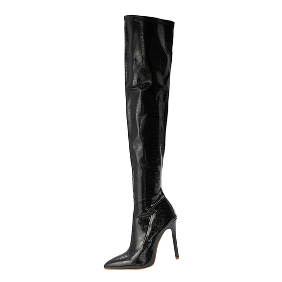 jsaierl Women's Patent Leather PU Thigh High Boots Pointed Toe Side Zipper Stiletto High Heel Over The Knee Boots