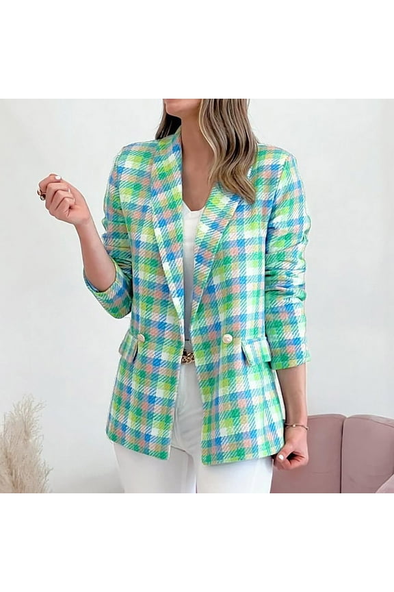 Women's Plaid Blazers Houndstooth Long Sleeve Open Front Lapel Collar Jackets with Pockets