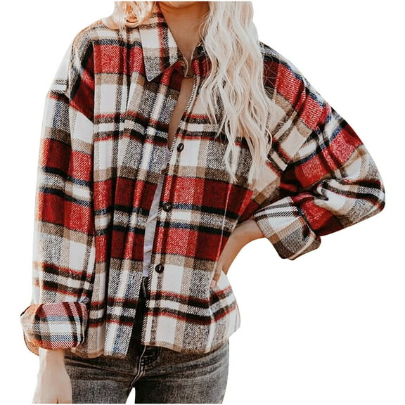 jsaierl Women's Plaid Flannel Shacket Jacket Casual Woolen Lapel Button Down Shirts Coats Fall Winter Clothes