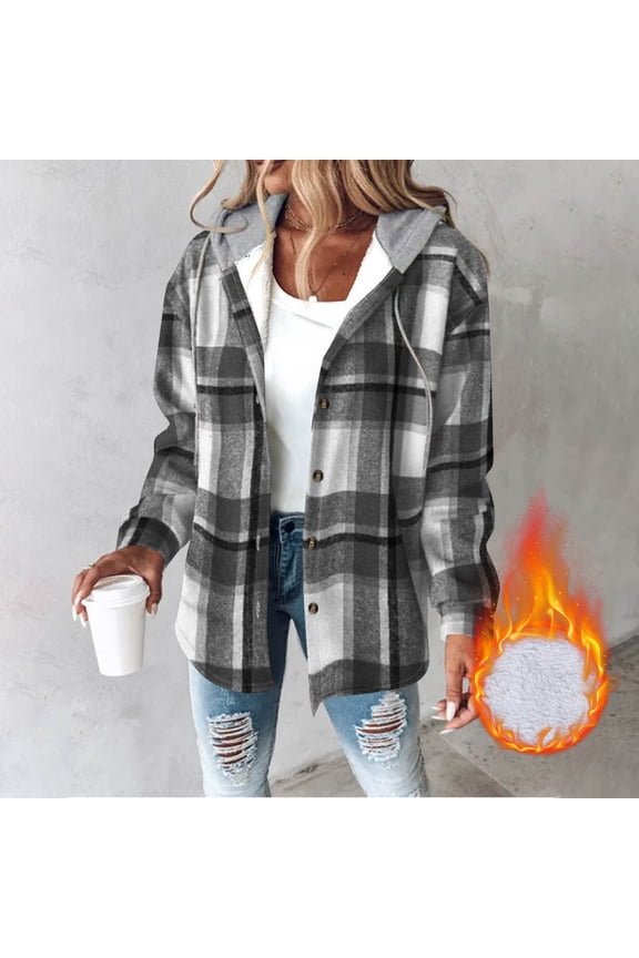 Women's Plaid Flannel Shirts Hoodie Long Sleeve Oversized Shirt Jacket Button Down Blouse Tops Shacket Jacket for Women