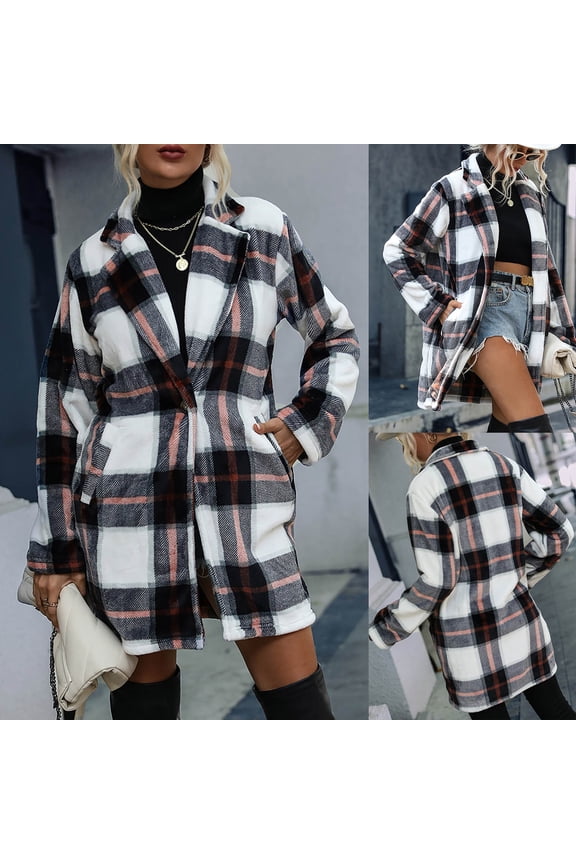 Women's Plaid Shacket Jacket Fleece Long Sleeve One Button Notch Collar Flannel Shirts Jacket Trench Coat