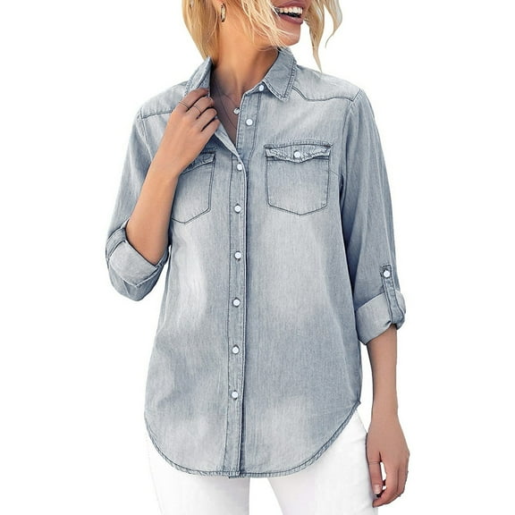 jsaierl Women's Plus Size Jacket Button-Down Long Sleeve Denim Shirt Blouse Roll Up Sleeve Jean Shirts Jackets with Chest Pockets