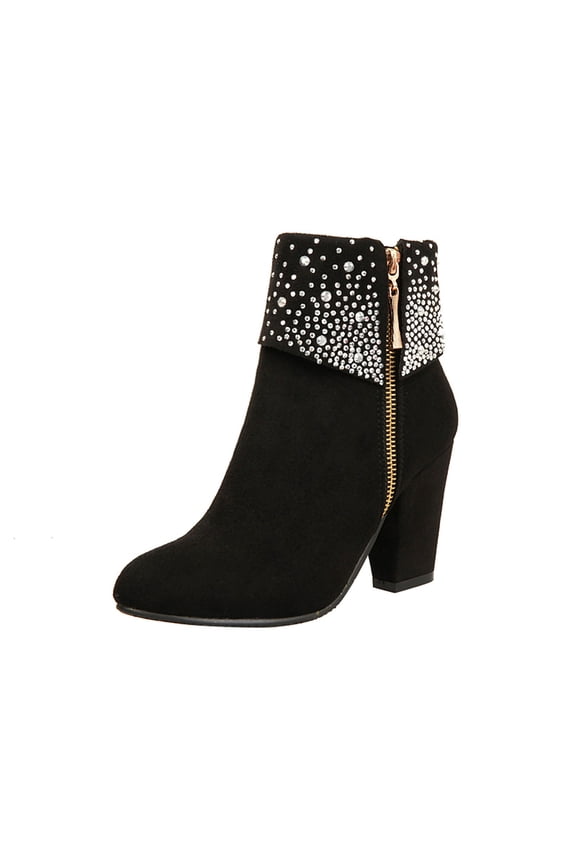 Women's Rhinestone Booties Shinny Ankle Mid Heel Chunky Wedding Boots - Ladies Crystal Boots