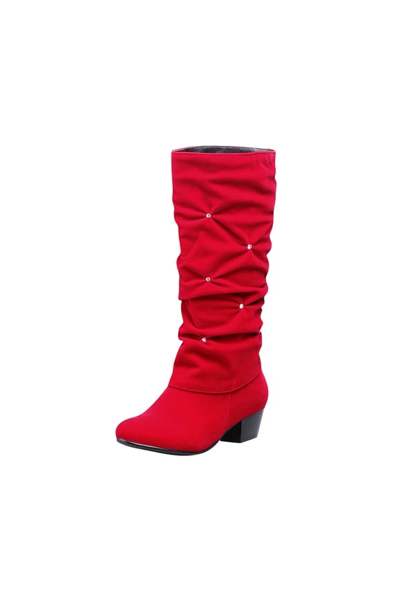 Women's Rhinestone Booties Suede Stacked Mid Calf Boots - Ladies Mid Heels Chunky Knee High Boot