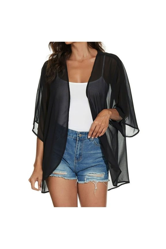 Women's Solid Puff Sleeve Kimono Cardigan Loose Chiffon Cover Up Casual Blouse Tops