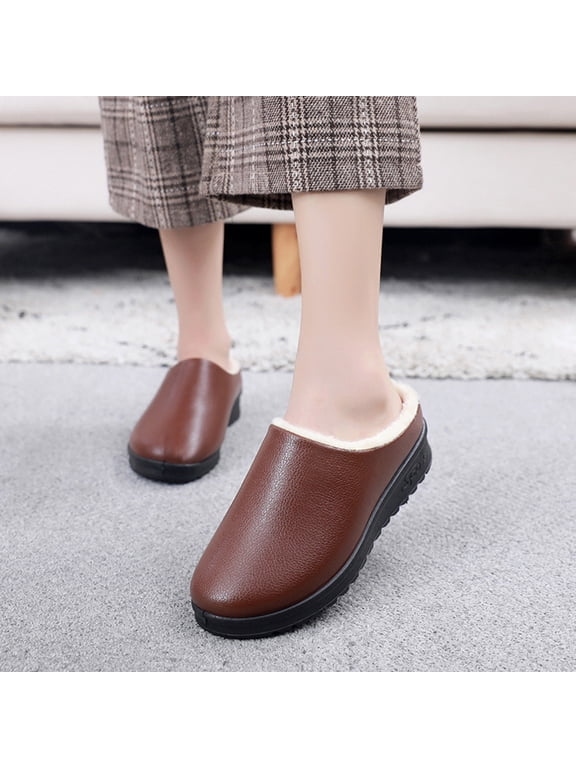 Women's Suede Flat Heel Ankle Boots Winter House Slippers with Fuzzy Faux Fur Collar,Memory Foam Slip on House Shoes Indoor Outdoor Rubber Sole
