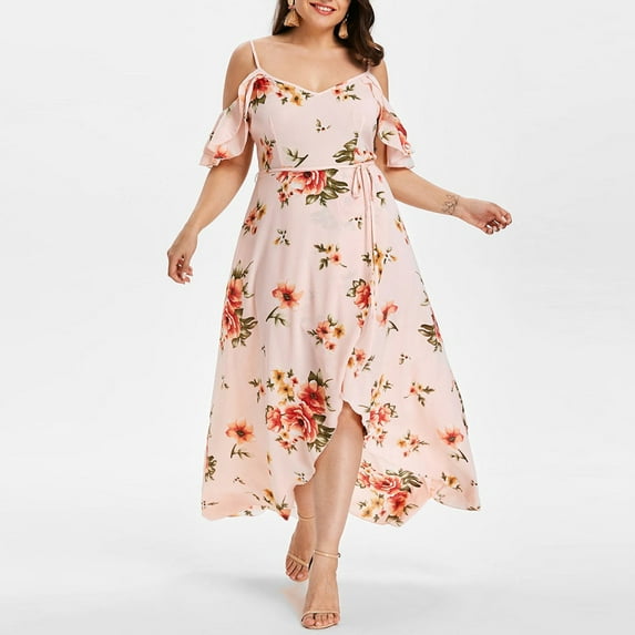 jsaierl Women's Summer Boho Floral Print Cold Shoulder Spaghetti Strap Tank Dress Short Sleeve Plus Size Flowy Long Dress