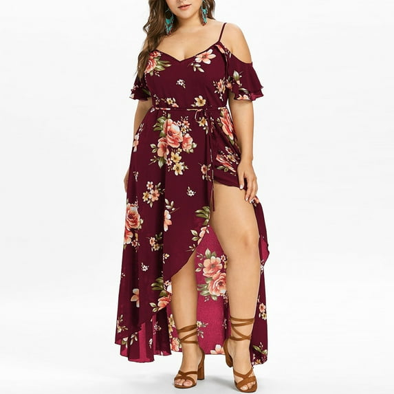 jsaierl Women's Summer Boho Floral Print Cold Shoulder Spaghetti Strap Tank Dress Short Sleeve Plus Size Flowy Long Dress
