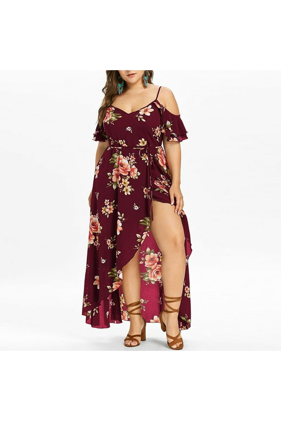 Women's Summer Boho Floral Print Cold Shoulder Spaghetti Strap Tank Dress Short Sleeve Plus Size Flowy Long Dress