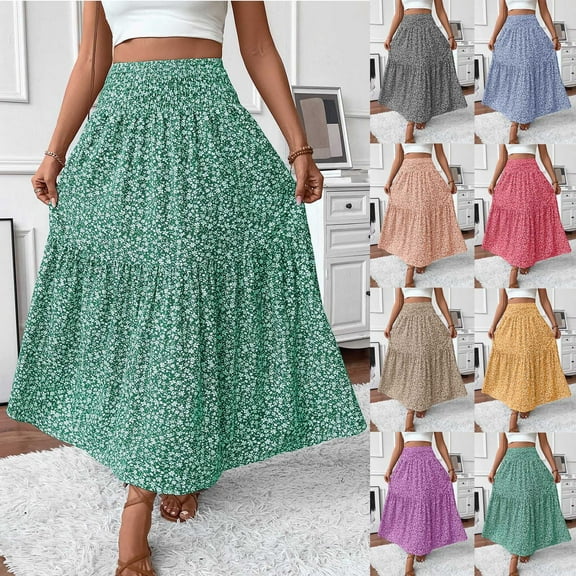 Jsaierl Women's Summer Boho Print A-line Maxi Skirts High Waist Pleated Ruffle Swing Beach Vacation Tiered Dresses