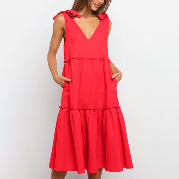 jsaierl Women's Summer Dress 2024 Print Sundress Sleeveless Layered Dress V Neck Tie Strap Dress for Beach Vacation