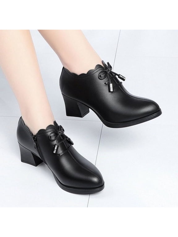 Women's Tie Knot Pump Ankle Boots Closed Toe Chunky Stacked Mid Heel Booties