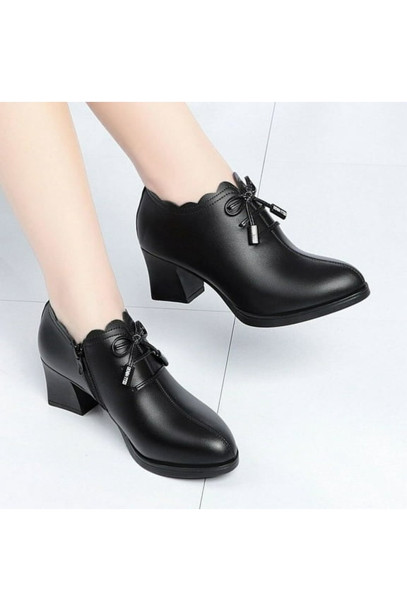 Women's Tie Knot Pump Ankle Boots Closed Toe Chunky Stacked Mid Heel Booties