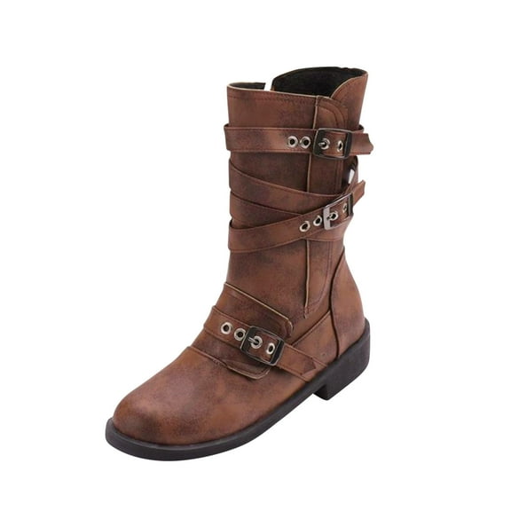 jsaierl Women's Winter Low Heel Flat Round Head Side Zipper Belt Buckle Medium Boots
