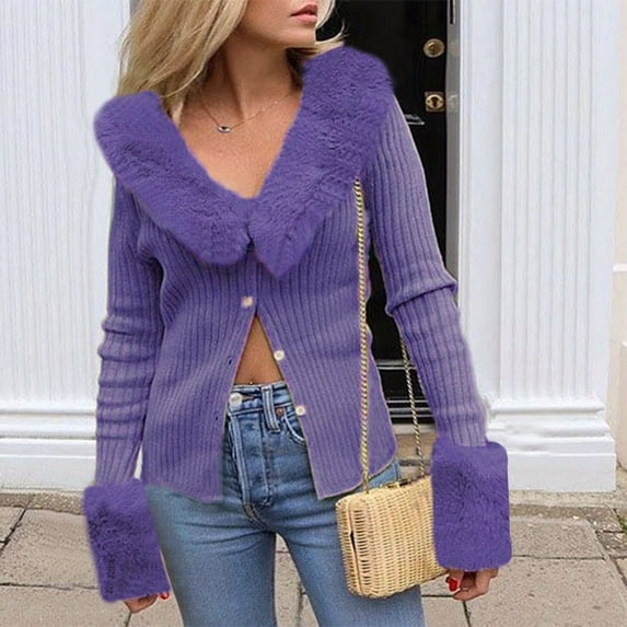 jsaierl Women's Winter New Style Long Sleeved Cardigan Solid Color Wool Collar Casual Knitting Single Breasted Sweater Coat