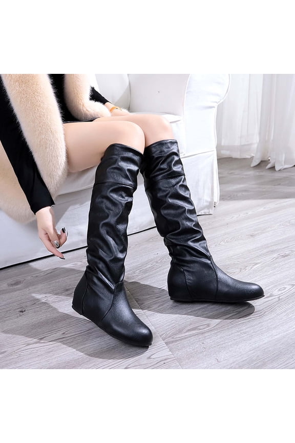 Women's Winter Solid Color Long Boots Flat Heels Round-Toe Knee High Boot