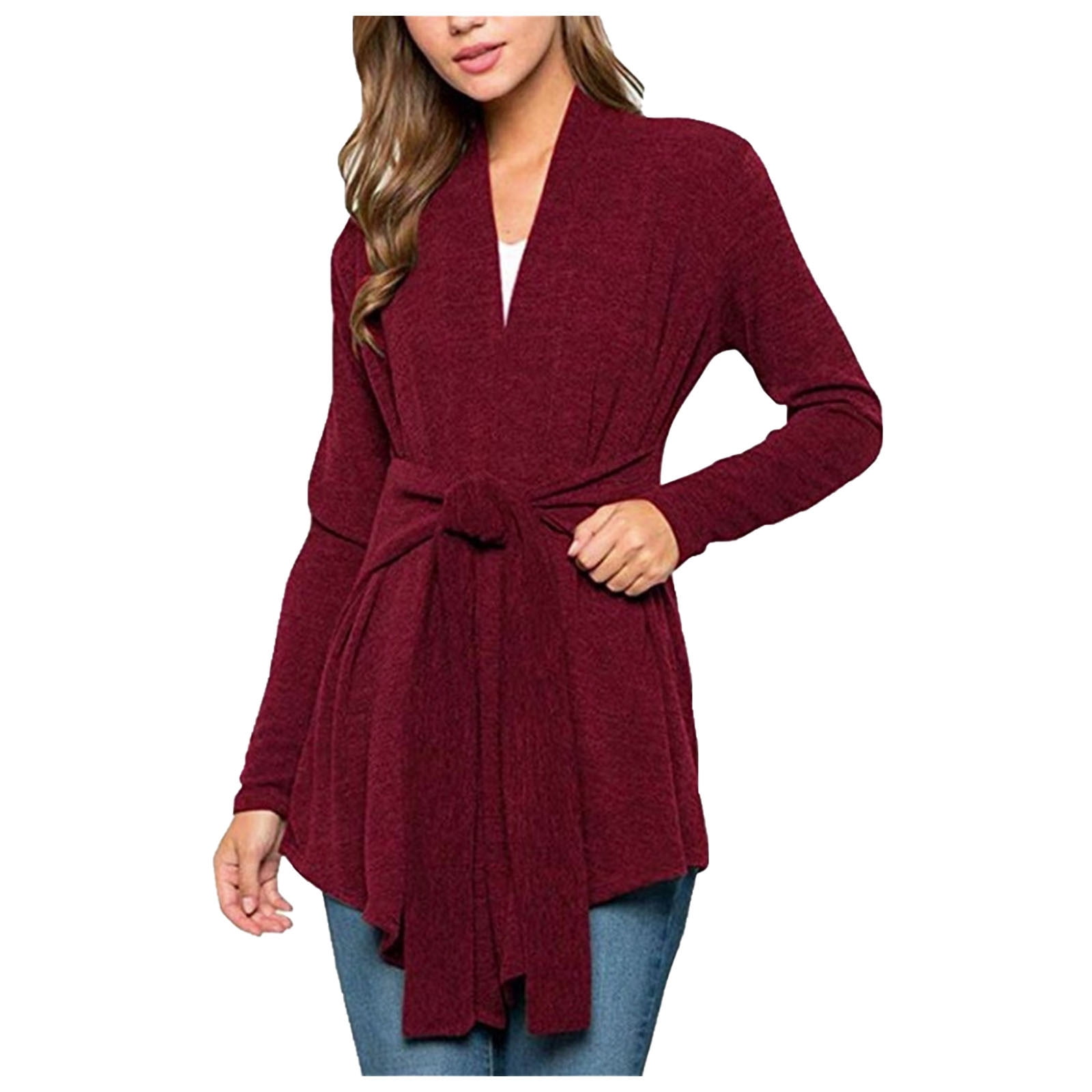 jsaierl Women s Wrap Tie Waist Cardigans Sweater Deep V Neck Long Sleeve Pullover Cable Knitted Sweaters with Belt Walmart
