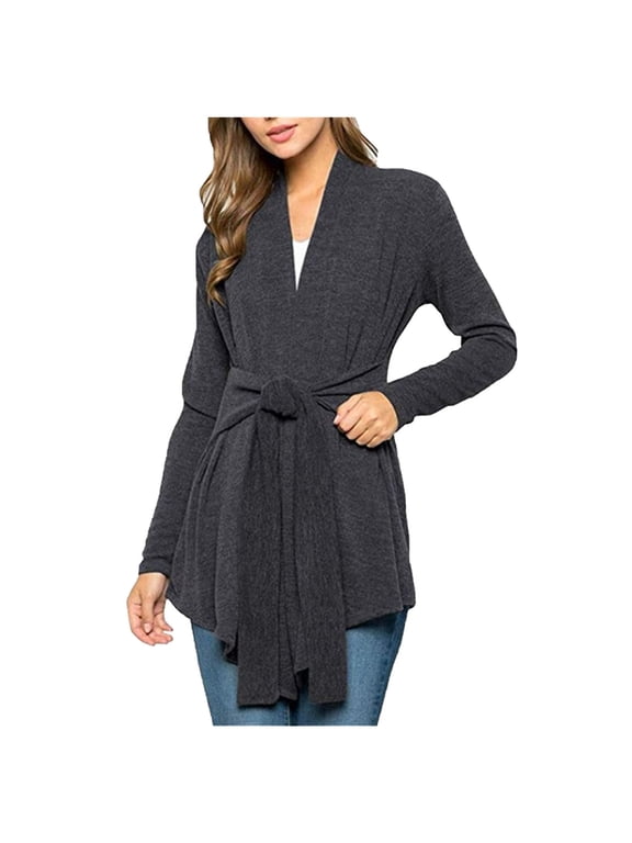 Women's Wrap Tie Waist Cardigans Sweater Deep V Neck Long Sleeve Pullover Cable Knitted Sweaters with Belt