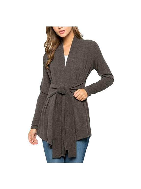 Women's Wrap Tie Waist Cardigans Sweater Deep V Neck Long Sleeve Pullover Cable Knitted Sweaters with Belt
