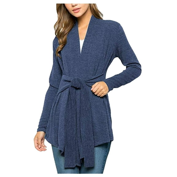 jsaierl Women's Wrap Tie Waist Cardigans Sweater Deep V Neck Long Sleeve Pullover Cable Knitted Sweaters with Belt