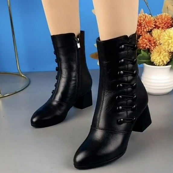 jsaierl Women's Zipper Booties Chunky Stacked Heel Ankle Boots Strap Ankle Low Heel Dress Shoes