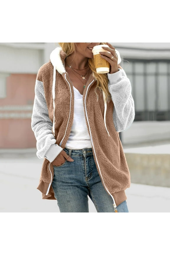 Womens 2024 Winter Fuzzy Fleece Jacket Hooded Color Block Patchwork Cardigan Coats Outerwear with Pockets,Fleece Jacket Women Full Zip
