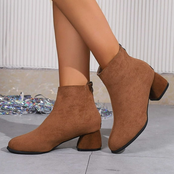 jsaierl Womens Ankle Booties Slip on Chunky Block Heel Suede Boots 2025 Winter Closed Toe Stacked Heel Booties Shoes
